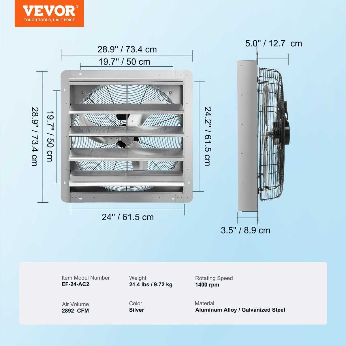 VEVOR žalūziju izplūdes ventilators, sienas montāžas, 610 mm, 4919 m³/h, AC motors