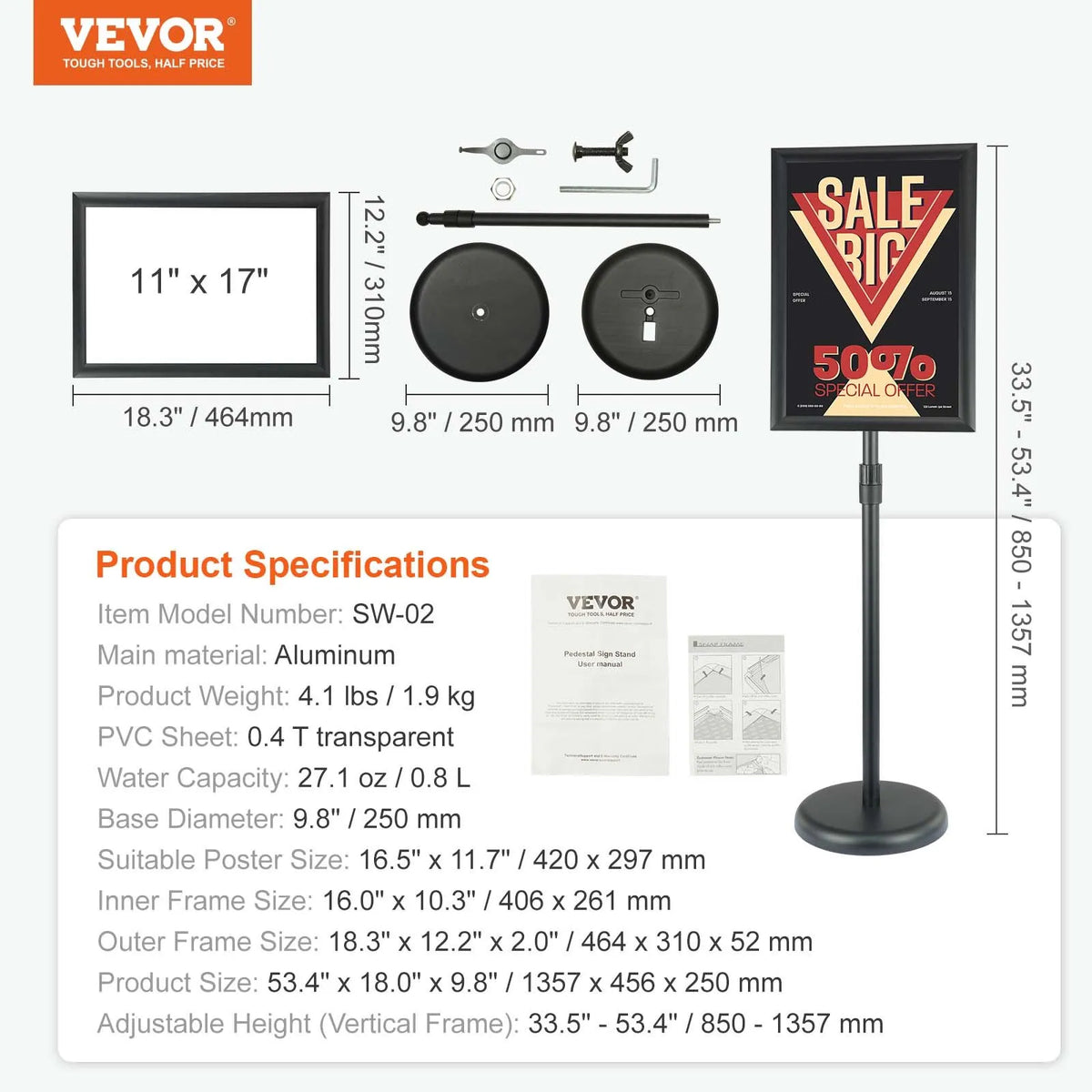 VEVOR Stenda tipa plakāta turētājs 28 × 43 cm, vertikāli un horizontāli regulējams grīdas statīvs ar apaļu pamatni, reklāmas un informācijas izvietošanai, melns