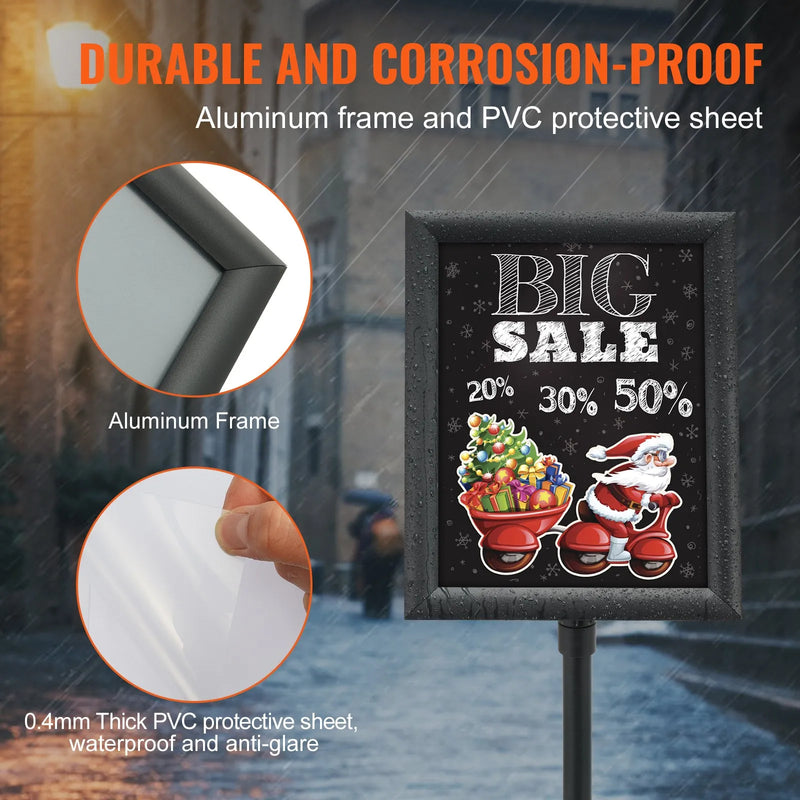 VEVOR grīdas plakātu statīvs ar pamatni, regulējams A4 formātam (vertikāli un horizontāli), izturīgs reklāmas un informācijas turētājs ar apaļu pamatni, melns