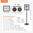 VEVOR grīdas plakātu statīvs ar pamatni, regulējams A4 formātam (vertikāli un horizontāli), izturīgs reklāmas un informācijas turētājs ar apaļu pamatni, melns