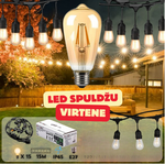 15m E27 bulb plinth string with 15 included E27 4w LED filament ST64 2700K, 1m x15 between plinths, waterproof IP65, AC220-240V, 2.68kg, black, with 220V socket at the end and plug at the beginning, can be connected in series