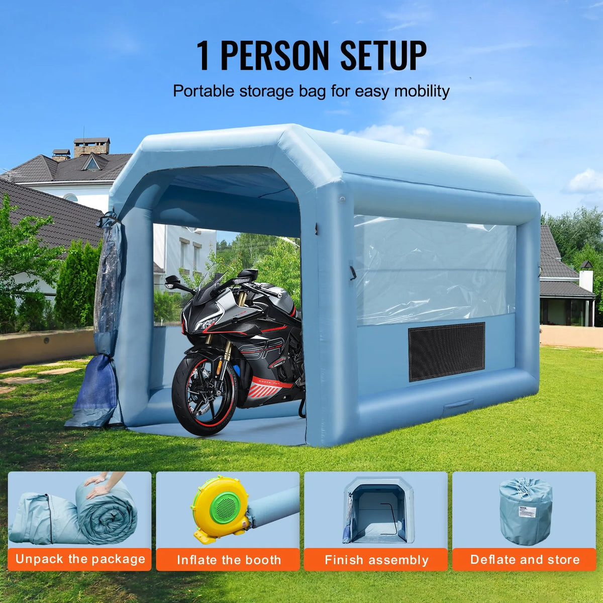 Piepūšamā krāsošanas telpa, 4 × 3 × 2,7 m, ar 750 W jaudīgu pūtēju un gaisa filtru sistēmu, pārnēsājama, piemērota motociklu, velosipēdu un automašīnu detaļu krāsošanai