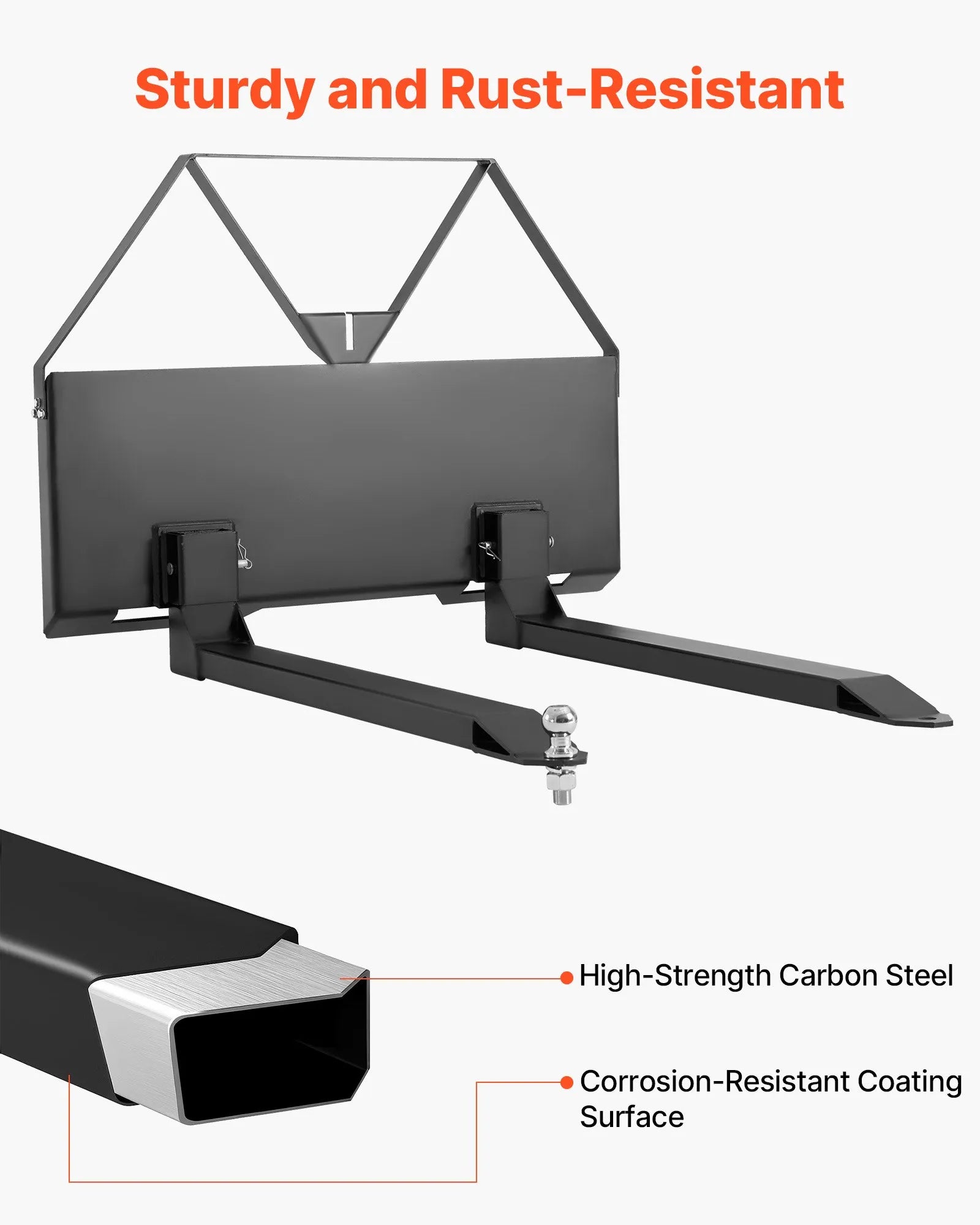 Mini iekrāvēja palešu dakšas ar 1179 kg celtspēju, 122 cm dakšu lāpstiņām, 47,6 mm lodveida piekabes savienojumu un ātro stiprinājumu mini iekrāvējiem un traktoriem