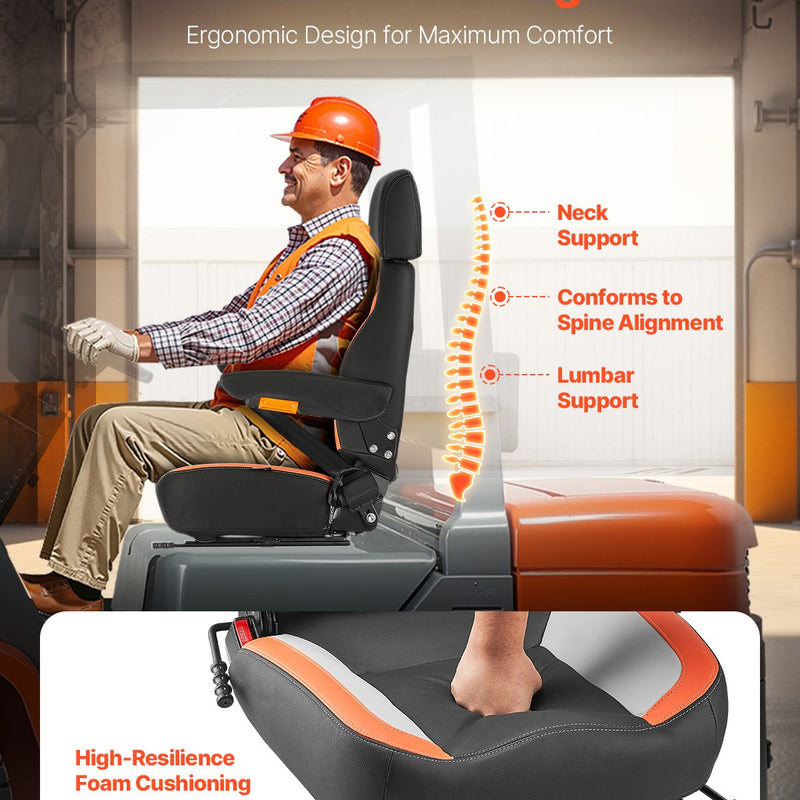 VEVOR universāls iekrāvēja sēdeklis, traktora sēdeklis ar regulējamu atzveltni, roku balstiem, galvas balstu un drošības jostu, drošs sēdeklis ar mikro slēdzi, ergonomisks zāles pļāvēja sēdeklis mini iekrāvējam un buldozeram