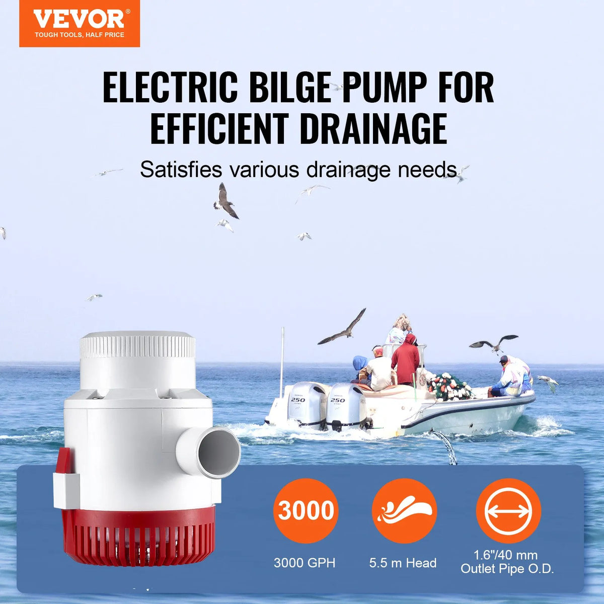 VEVOR 12 V automātiska iegremdējama laivas bilžas ūdens sūknis ar pludiņa slēdzi, caurplūdums 189 l/min, izplūdes diametrs 40 mm, piemērots laivām, dīķiem, baseiniem un pagrabiem