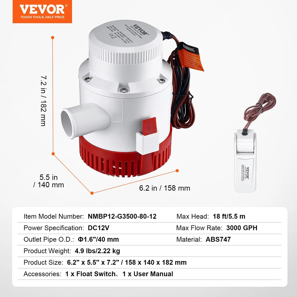 VEVOR 12 V automātiska iegremdējama laivas bilžas ūdens sūknis ar pludiņa slēdzi, caurplūdums 189 l/min, izplūdes diametrs 40 mm, piemērots laivām, dīķiem, baseiniem un pagrabiem