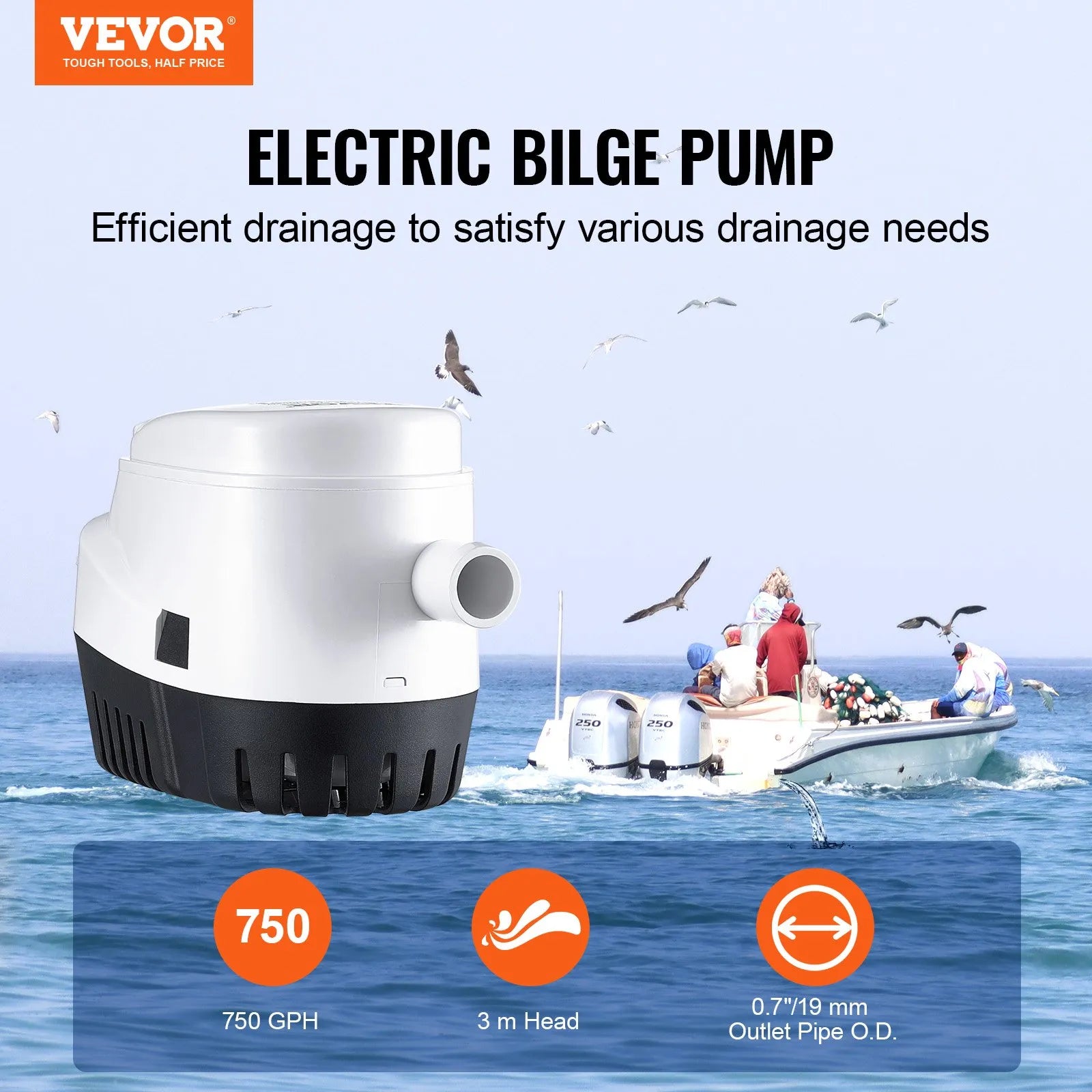 VEVOR 12 V automātisks iegremdējams laivas bilžas ūdens sūknis ar pludiņa slēdzi, caurplūdums 47 l/min, izplūdes diametrs 19 mm, piemērots laivām, dīķiem, baseiniem un pagrabiem