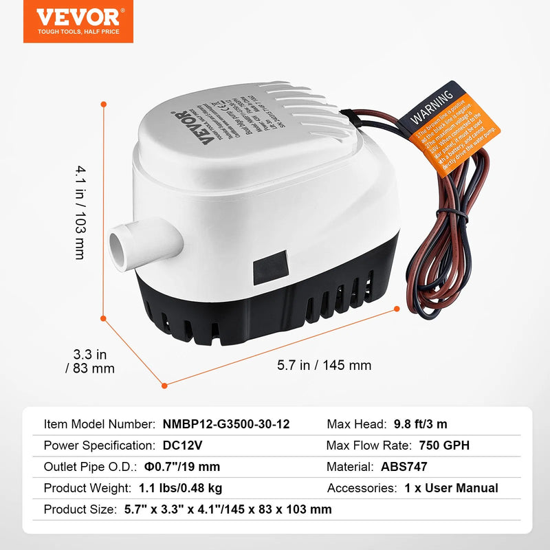 VEVOR 12 V automātisks iegremdējams laivas bilžas ūdens sūknis ar pludiņa slēdzi, caurplūdums 47 l/min, izplūdes diametrs 19 mm, piemērots laivām, dīķiem, baseiniem un pagrabiem
