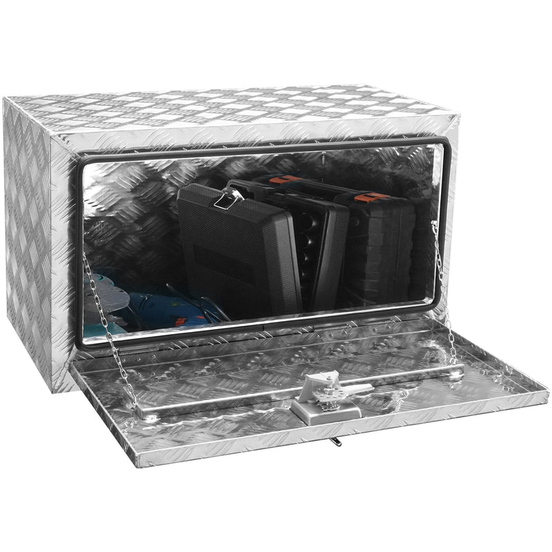 VEVOR smagā tipa alumīnija zemkorpusa instrumentu kaste 30 × 14 × 16", ūdensizturīga, ar dimanta rakstu virsmu, T-veida roktura slēdzeni un atslēgām – piemērota pikapiem, furgoniem un piekabēm