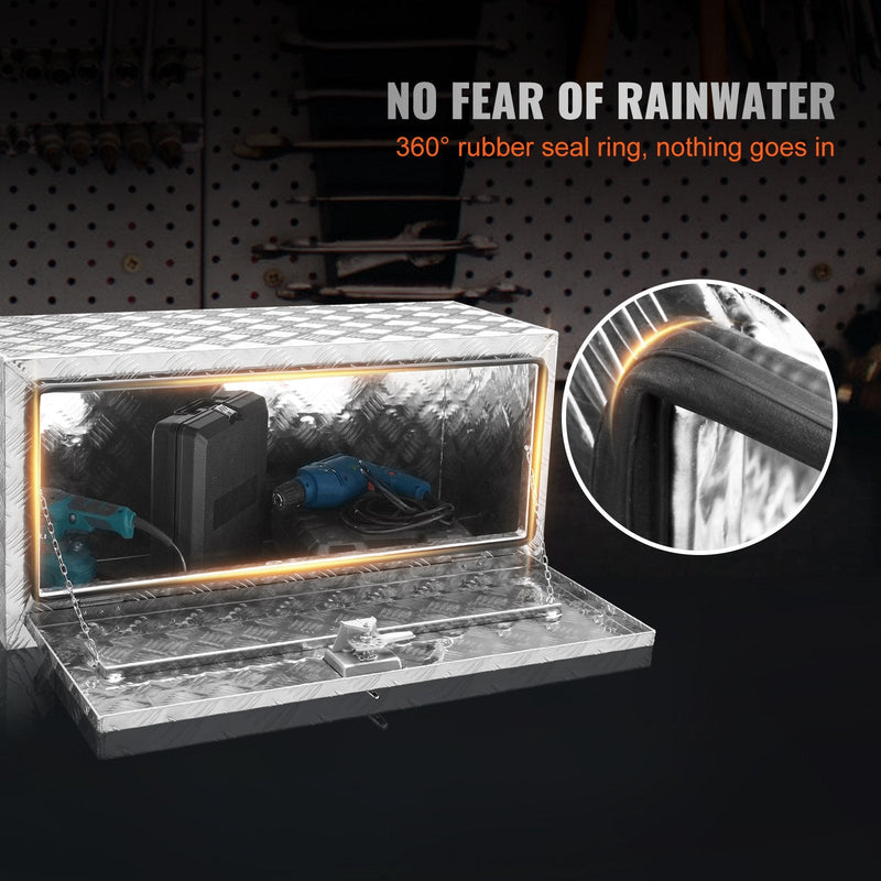 VEVOR alumīnija zemkorpusa instrumentu kaste 91 × 36 × 41 cm – ūdensizturīga, ar T-veida rokturi, slēdzama, piemērota kravas automašīnām, furgoniem un piekabēm