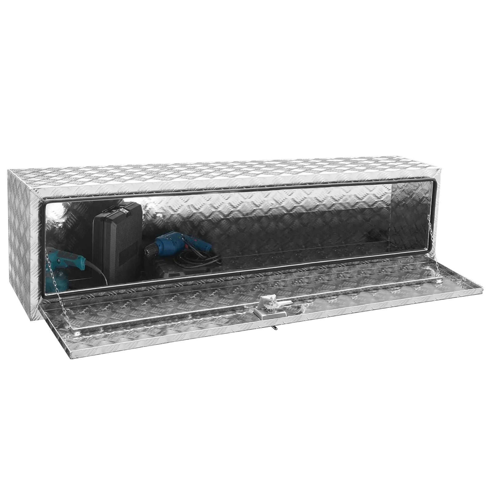 VEVOR alumīnija instrumentu kaste kravas auto apakšai, 152,4 × 43,2 × 45,7 cm, ar rombveida plākšņu konstrukciju, T-veida aizdari un slēdzamu vāku, ūdensizturīga uzglabāšanas kaste kravas auto, furgoniem un piekabēm