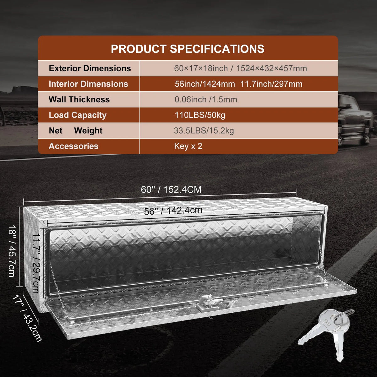 VEVOR alumīnija instrumentu kaste kravas auto apakšai, 152,4 × 43,2 × 45,7 cm, ar rombveida plākšņu konstrukciju, T-veida aizdari un slēdzamu vāku, ūdensizturīga uzglabāšanas kaste kravas auto, furgoniem un piekabēm