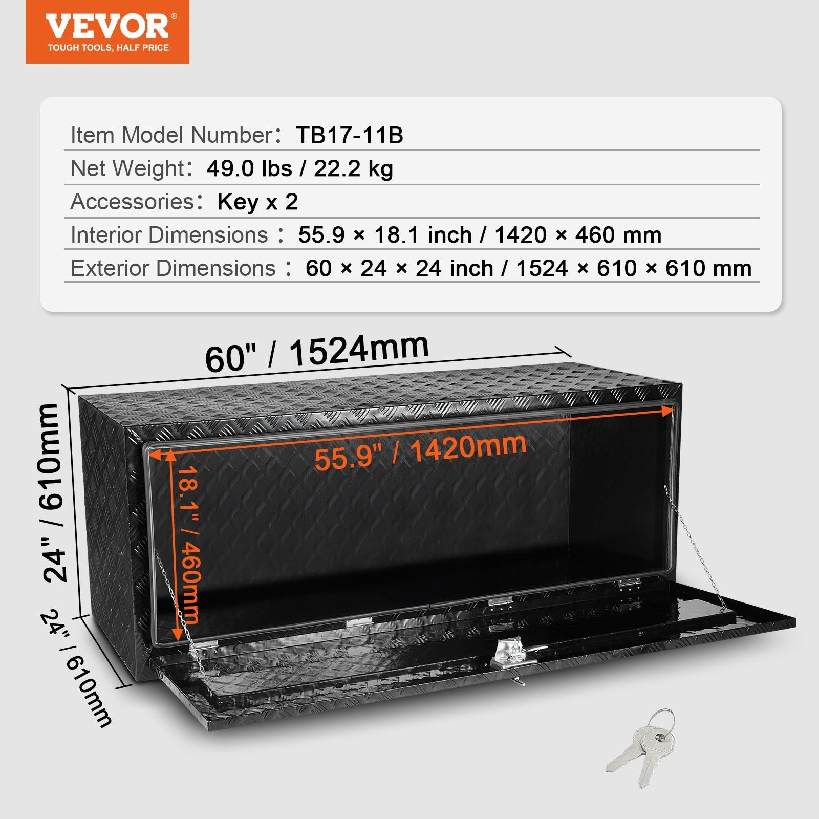 VEVOR kravas automašīnas apakšējā instrumentu kaste, 152,4×60,96×60,96 cm alumīnija dimanta faktūras uzglabāšanas kaste ar T veida roktura slēdzeni, ūdensizturīga kravas, furgonu un piekabju kaste ar slēdzeni un atslēgām