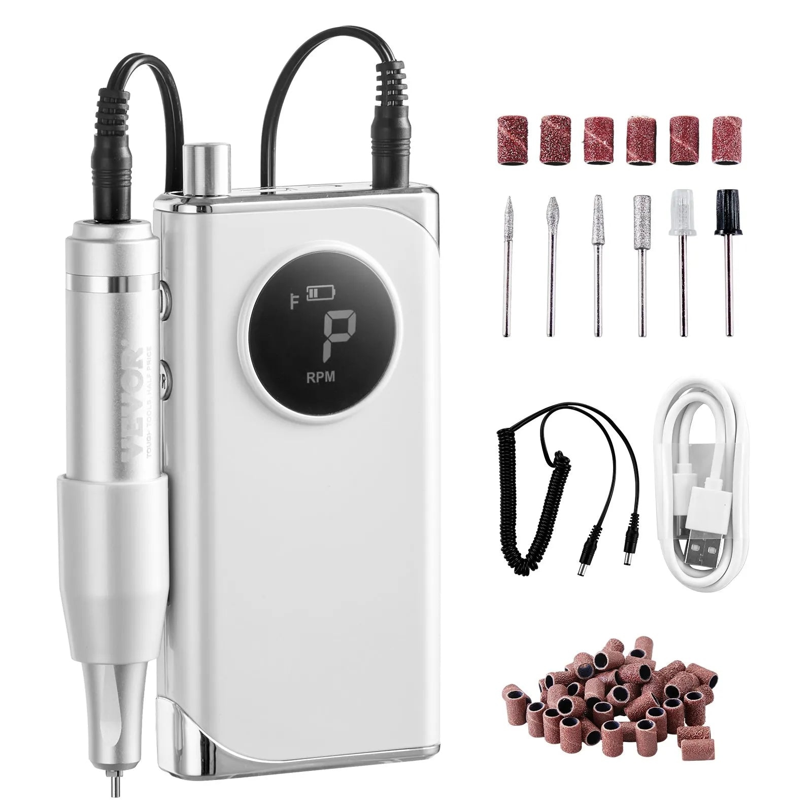 VEVOR Electric Rechargeable Nail Drill, 40,000 rpm, Cordless Portable E-File with LCD Display, acrylic and gel nail filing tool with 6 bits and 50 filing strips for manicures and pedicures