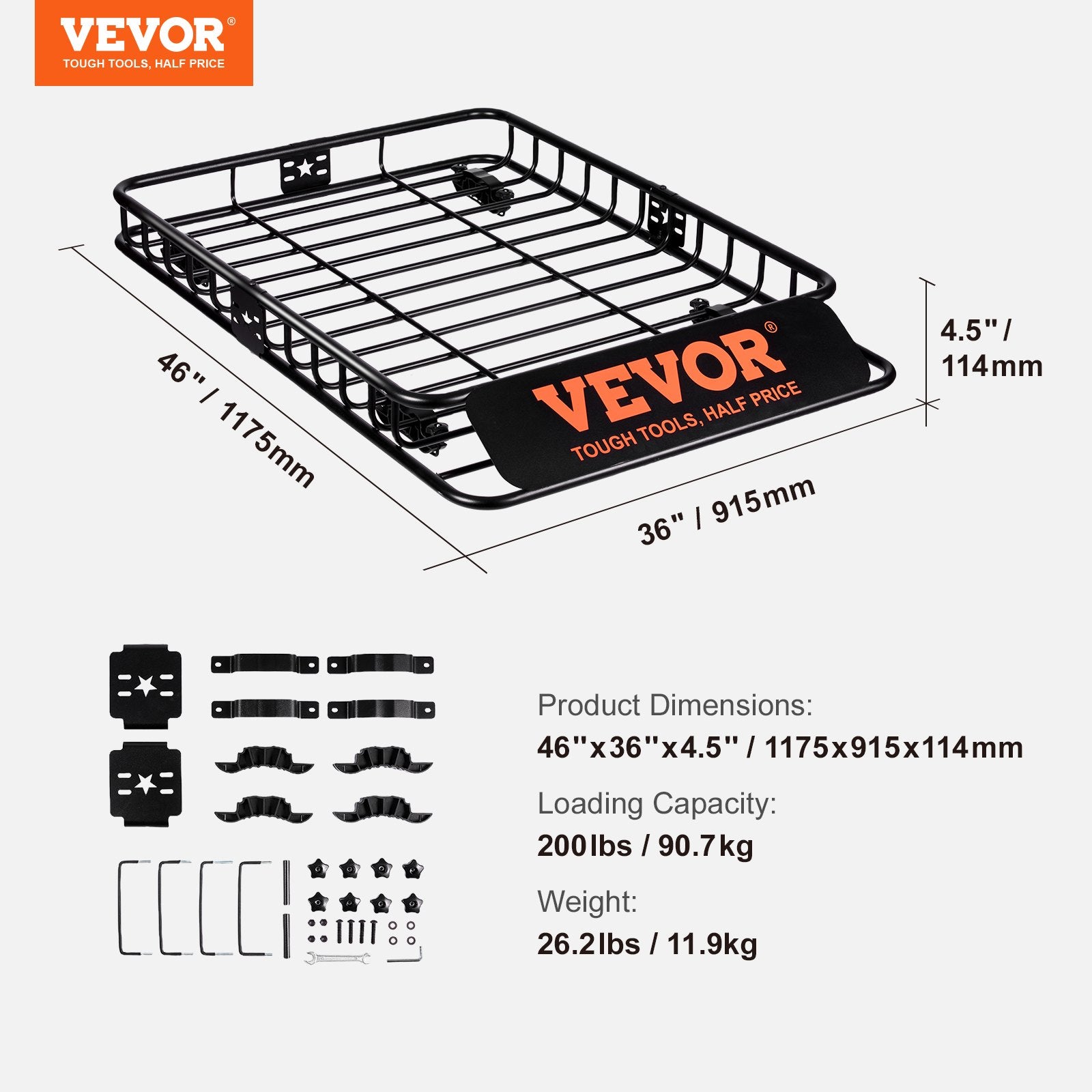 VEVOR katusekast, 117,5 x 91,5 x 11,4 cm, mahutavus 90,7 kg, universaalne katusekandja maasturitele ja veoautodele.