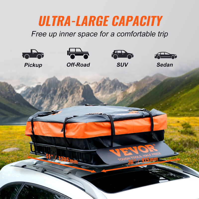 VEVOR roof luggage box with 15 Cu Ft waterproof bag, 130,5 x 91,5 x 12