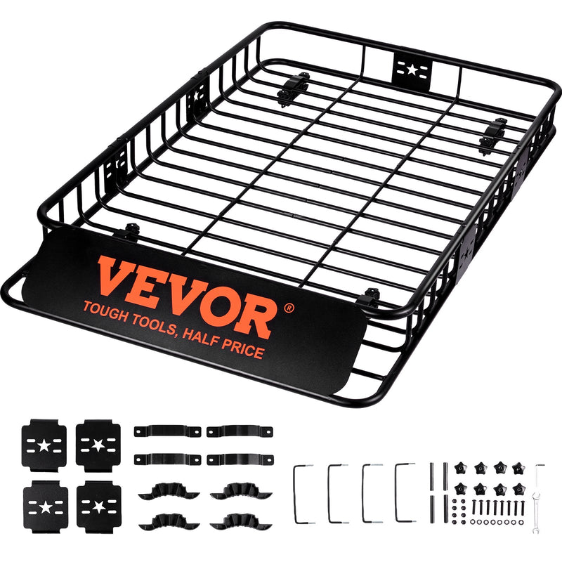 VEVOR roof luggage basket, 162.6 x 99 x 15.2 cm with extension, 90.7 kg, for cars and trucks.