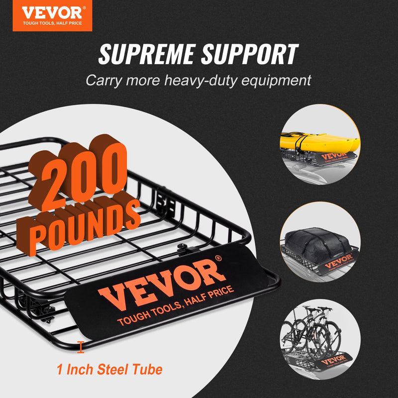 VEVOR roof luggage basket, 162.6 x 99 x 15.2 cm with extension, 90.7 kg, for cars and trucks.