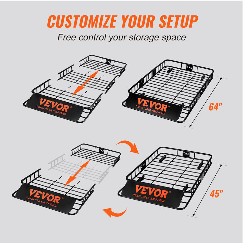 VEVOR roof luggage basket, 162.6 x 99 x 15.2 cm with extension, 90.7 kg, for cars and trucks.