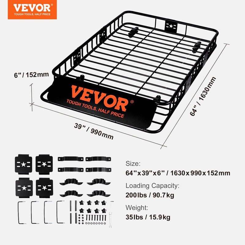VEVOR roof luggage basket, 162.6 x 99 x 15.2 cm with extension, 90.7 kg, for cars and trucks.
