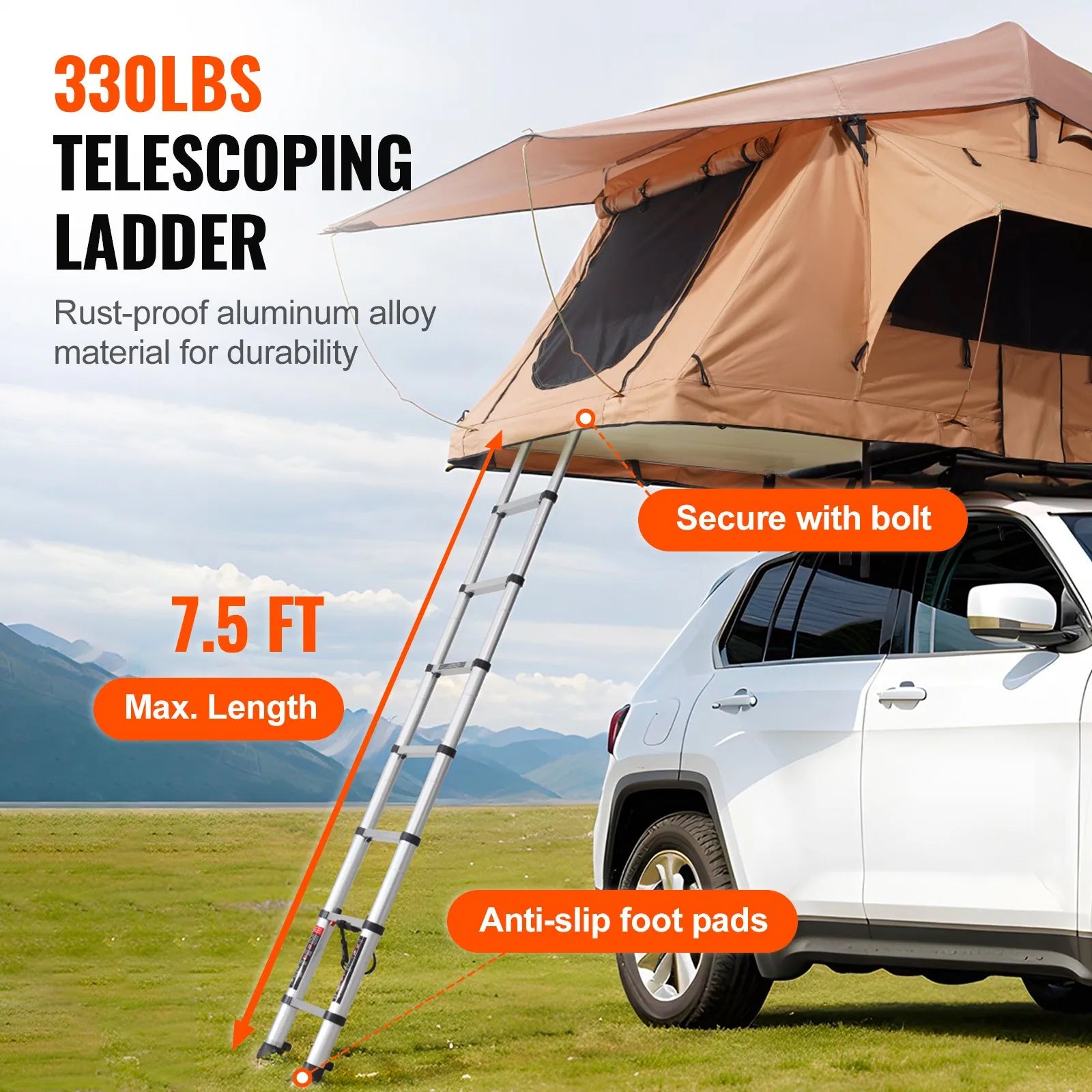 VEVOR cietā korpusa jumta telts Naturnest 2–3 personām, salokāma jumta telts ar teleskopiskām kāpnēm un matraci, ar PVC aizsargpārvalku, ūdensizturīga, piemērota Jeep, SUV, furgoniem un pikapiem