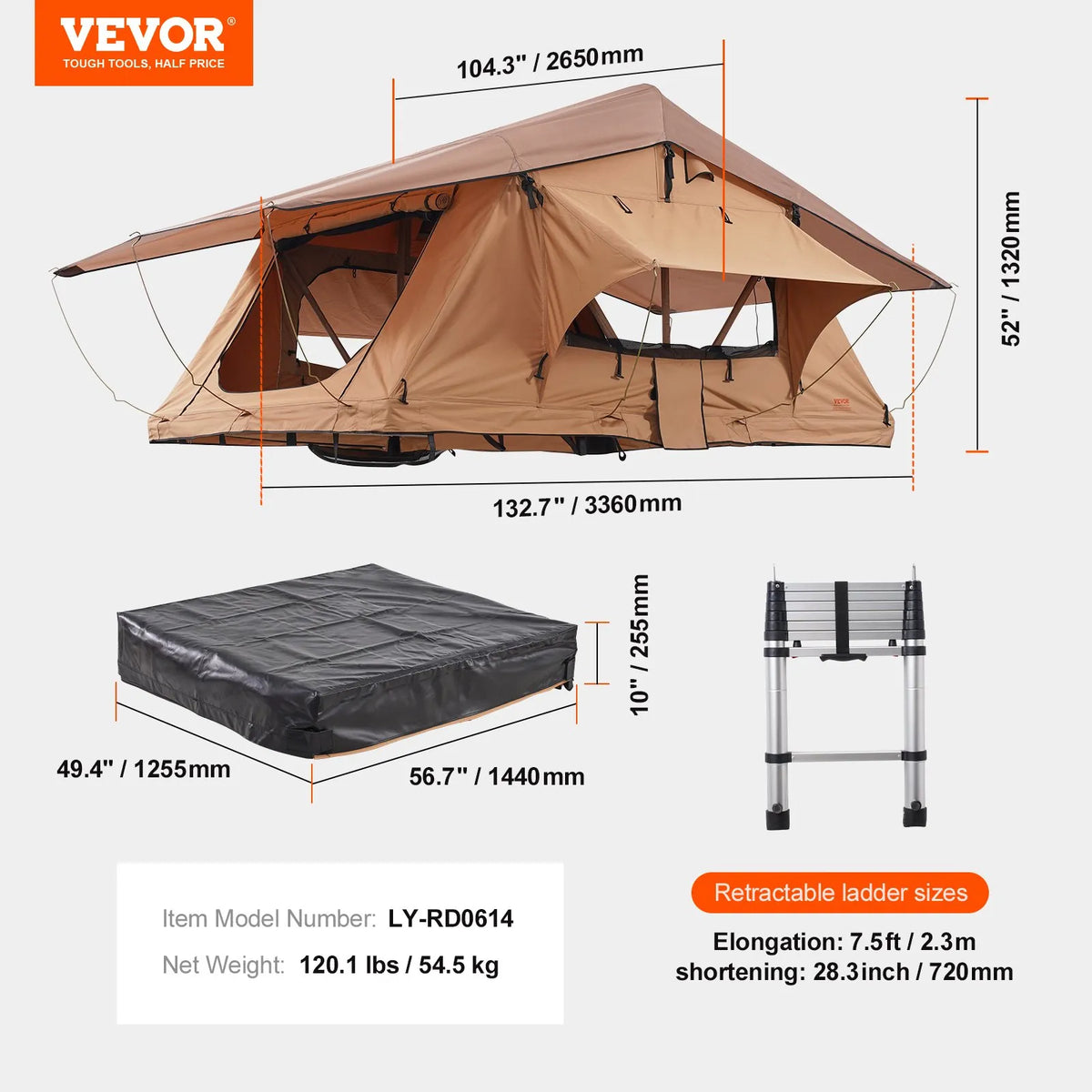 VEVOR cietās čaulas jumta telts Naturnest, cietā čaula 2–3 personām, saliekama jumta telts ar teleskopisko kāpni, matraci un PVC pārvalka somu, piemērota Jeep, SUV, furgoniem un pikapiem, ūdensnecaurlaidīga