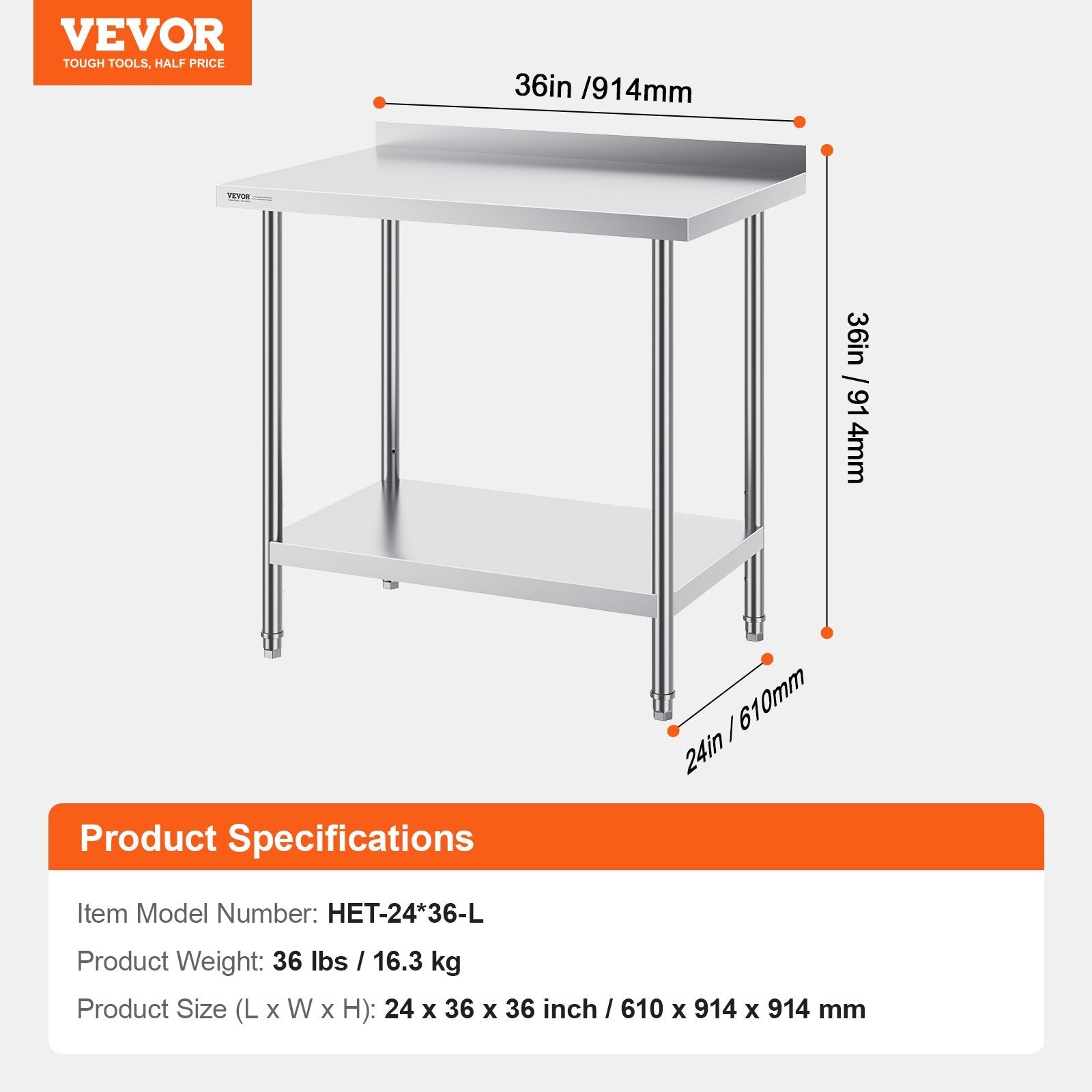 VEVOR nerūsējošā tērauda darba galds, 61 x 91 cm, regulējams plaukts, 200 kg slodze