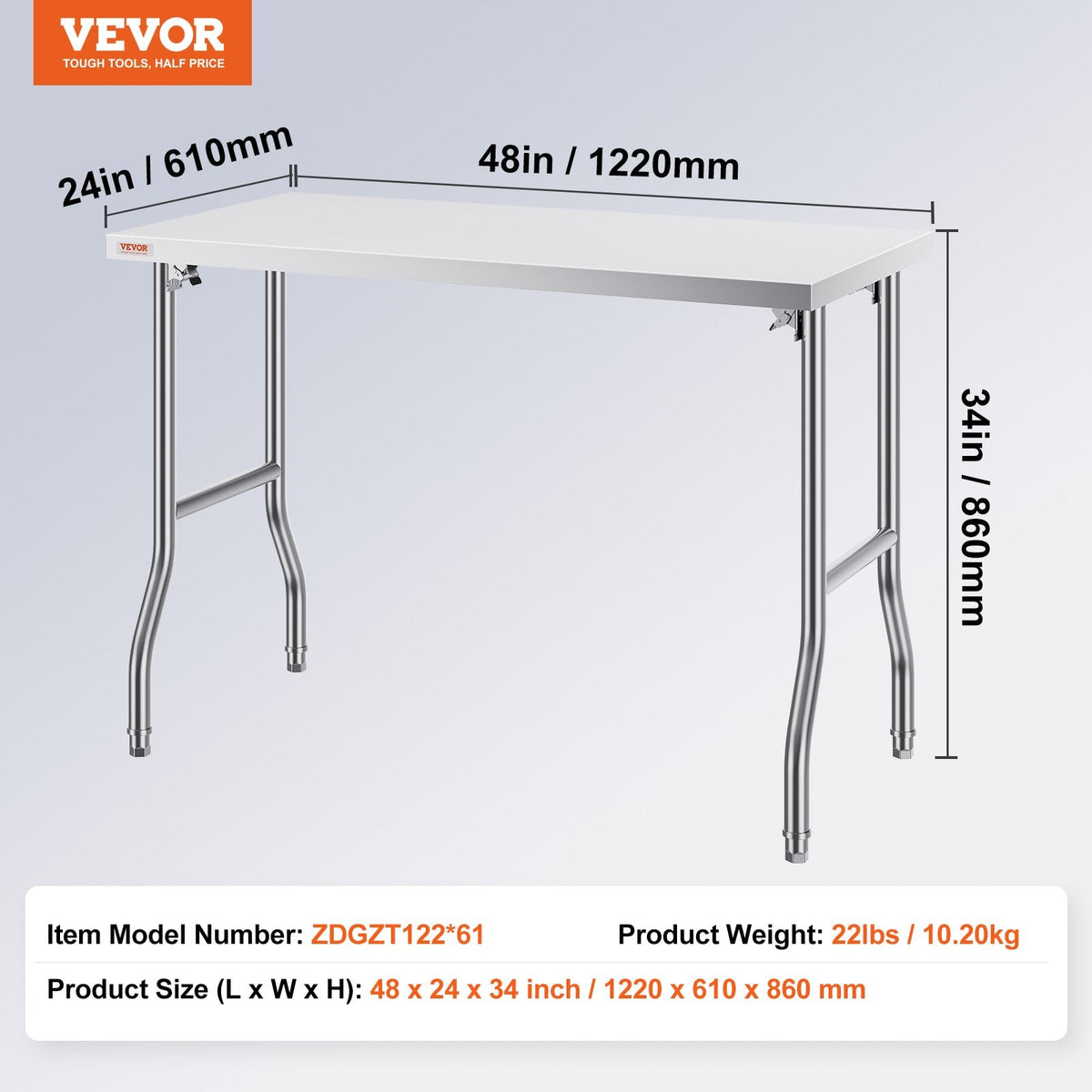 VEVOR salokāms nerūsējošā tērauda darba galds 122 x 61 cm, 300 kg slodze