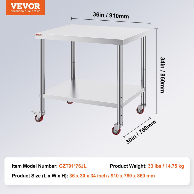 VEVOR Nerūsējošā Tērauda Darba Galds 76x91 cm ar 4 Riteņiem un Regulējamu Plauktu