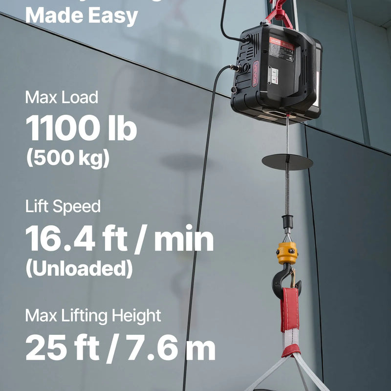 VEVOR 2 vienā elektriskais vinčas pacēlājs, 500 kg kapacitāte, 1500 W pārnēsājams vinčas krāns, pacelšanas augstums 7,6 m, ātrums 5 m/min ar manuālo un vadu tālvadību rūpnīcai, noliktavai vai garāžai
