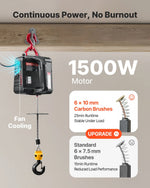 VEVOR 2 vienā elektriskais vinčas pacēlājs, 500 kg kapacitāte, 1500 W pārnēsājams vinčas krāns, pacelšanas augstums 7,6 m, ātrums 5 m/min ar manuālo un vadu tālvadību rūpnīcai, noliktavai vai garāžai