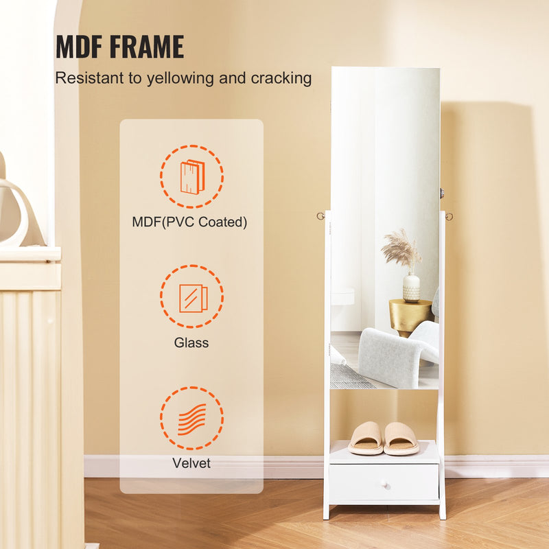 VEVOR 3-in-1 spoguļu rotaslietu skapītis – pilna garuma stāvošs spogulis ar uzglabāšanu, balts