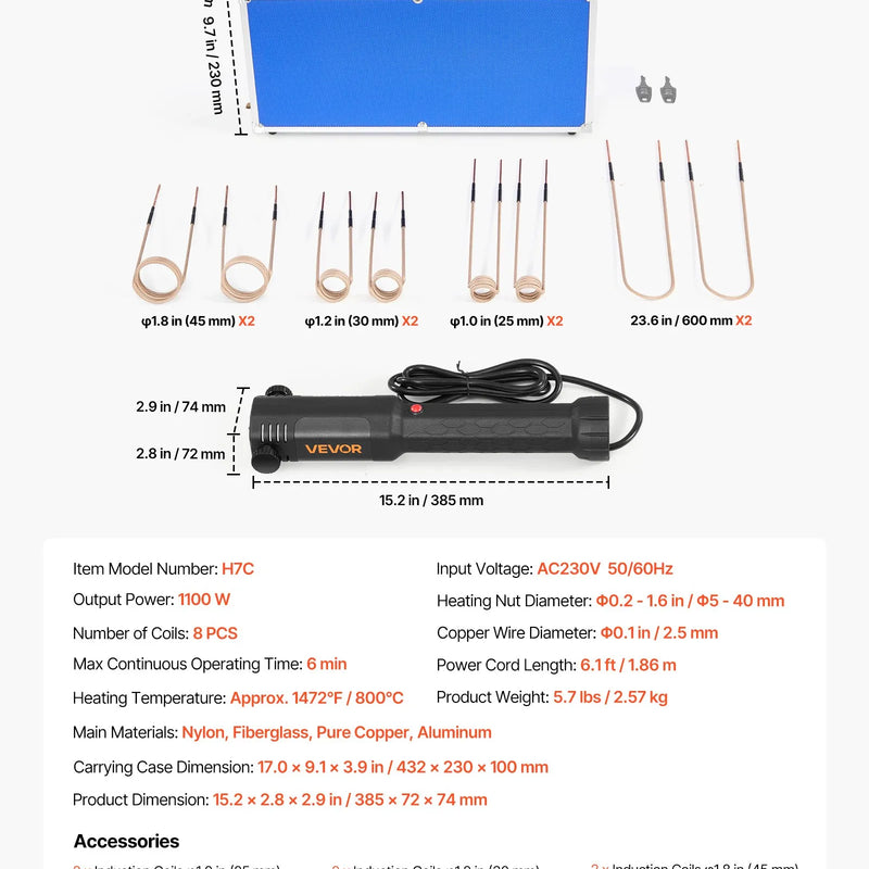 VEVOR indukcijas sildītājs skrūvju atbrīvošanai, 1100 W 230 V magnētiskā indukcijas apkures ierīce, rokas uzgriežņu atbrīvotājs ar 8 spolēm un uzglabāšanas kastīti — piemērots sarūsējušu skrūvju un uzgriežņu noņemšanai auto servisos