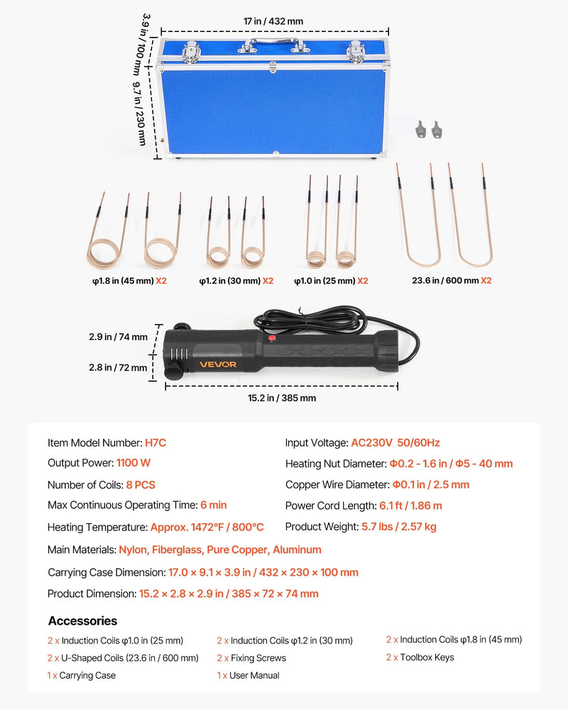 VEVOR indukcijas sildītājs skrūvju atbrīvošanai, 1100 W 230 V magnētiskā indukcijas apkures ierīce, rokas uzgriežņu atbrīvotājs ar 8 spolēm un uzglabāšanas kastīti — piemērots sarūsējušu skrūvju un uzgriežņu noņemšanai auto servisos