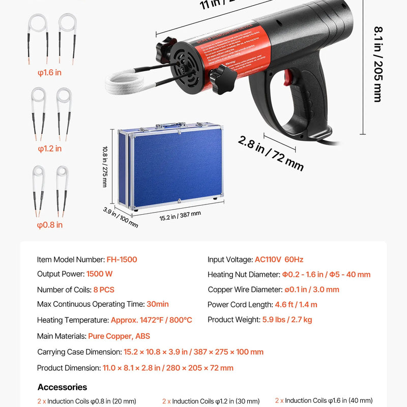 Индукционный нагреватель VEVOR для откручивания гаек и болтов, 1500 Вт, 230 В, ручной индукционный нагреватель с набором из 8 катушек и коробкой для хранения, для удаления заржавевших гаек и болтов при ремонте автомобиля