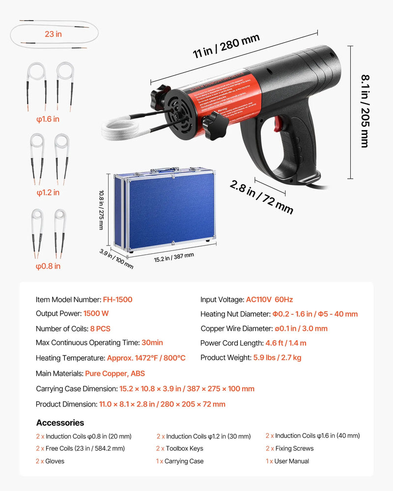 Индукционный нагреватель VEVOR для откручивания гаек и болтов, 1500 Вт, 230 В, ручной индукционный нагреватель с набором из 8 катушек и коробкой для хранения, для удаления заржавевших гаек и болтов при ремонте автомобиля