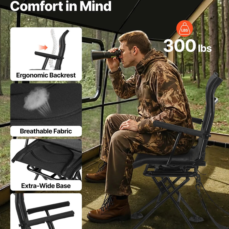 Кресло для охоты с бесшумным вращением на 360° - складное и портативное кресло для укрытия. Прочная стальная рама, подлокотники, регулируемый плечевой ремень и ножки против проседания. Максимальная нагрузка 136 кг; также подходит для рыбалки.