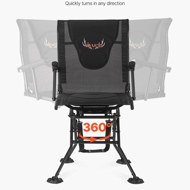 Кресло для охоты с бесшумным вращением на 360° - складное и портативное кресло для укрытия. Прочная стальная рама, подлокотники, регулируемый плечевой ремень и ножки против проседания. Максимальная нагрузка 136 кг; также подходит для рыбалки.