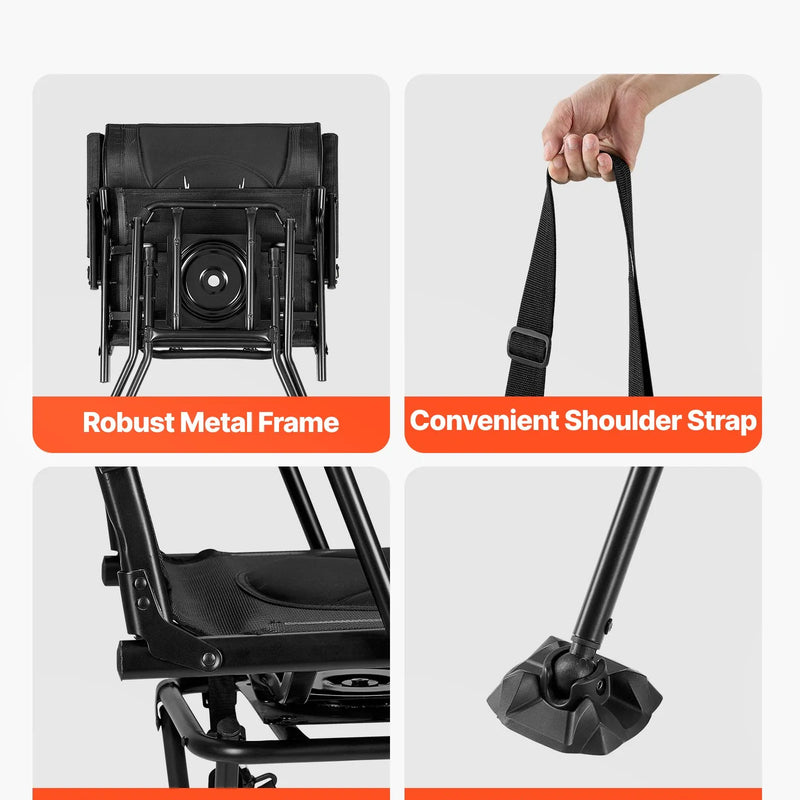 Кресло для охоты с бесшумным вращением на 360° - складное и портативное кресло для укрытия. Прочная стальная рама, подлокотники, регулируемый плечевой ремень и ножки против проседания. Максимальная нагрузка 136 кг; также подходит для рыбалки.