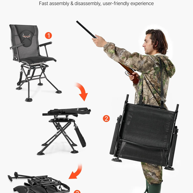 Кресло для охоты с бесшумным вращением на 360° - складное и портативное кресло для укрытия. Прочная стальная рама, подлокотники, регулируемый плечевой ремень и ножки против проседания. Максимальная нагрузка 136 кг; также подходит для рыбалки.