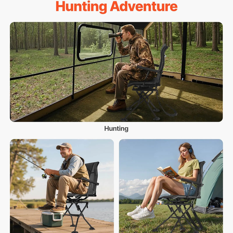 Кресло для охоты с бесшумным вращением на 360° - складное и портативное кресло для укрытия. Прочная стальная рама, подлокотники, регулируемый плечевой ремень и ножки против проседания. Максимальная нагрузка 136 кг; также подходит для рыбалки.