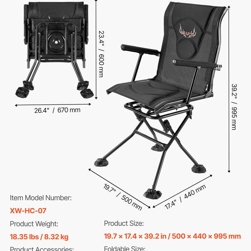 Кресло для охоты с бесшумным вращением на 360° - складное и портативное кресло для укрытия. Прочная стальная рама, подлокотники, регулируемый плечевой ремень и ножки против проседания. Максимальная нагрузка 136 кг; также подходит для рыбалки.