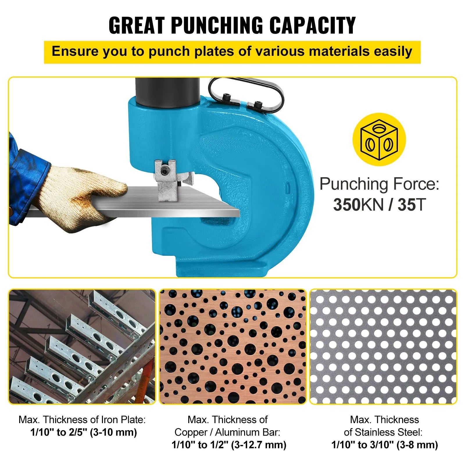 VEVOR CH-70 hidrauliskais urbj-perforators (urbšanas un perforēšanas instruments) ar 35 T spēku, plakanas vara urbšanas spēju, elektrisko L veida sūkni, kā arī CP-700 H un CFP-800-1 busbar uzgaļiem no volframa tērauda.
