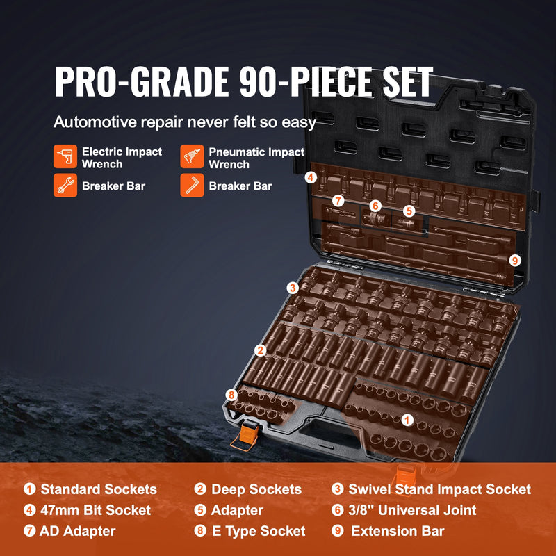 VEVOR 9,5 mm piedziņas triecienskrūvgriežu uzmavu komplekts 90 gab, SAE 6,35 mm – 19 mm, CR-Mo leģētais tērauds, ar pagarinājuma stieņiem un universālu savienojumu