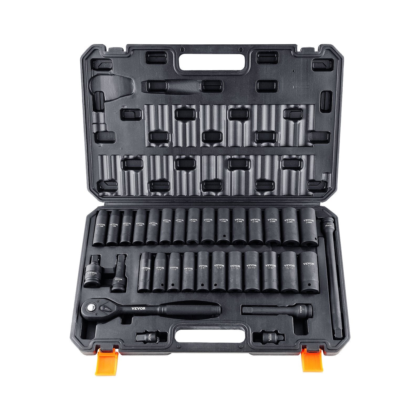 VEVOR 12,7 mm Drive Impact Wrench Set, 33 pcs, SAE 9,5 mm - 25,4 mm and metric 10-24 mm, 6-point Cr-V alloy steel for auto repair, easy to read size markings, robust construction, storage box