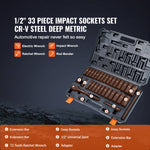 VEVOR 12,7 mm Drive Impact Wrench Set, 33 pcs, SAE 9,5 mm - 25,4 mm and metric 10-24 mm, 6-point Cr-V alloy steel for auto repair, easy to read size markings, robust construction, storage box