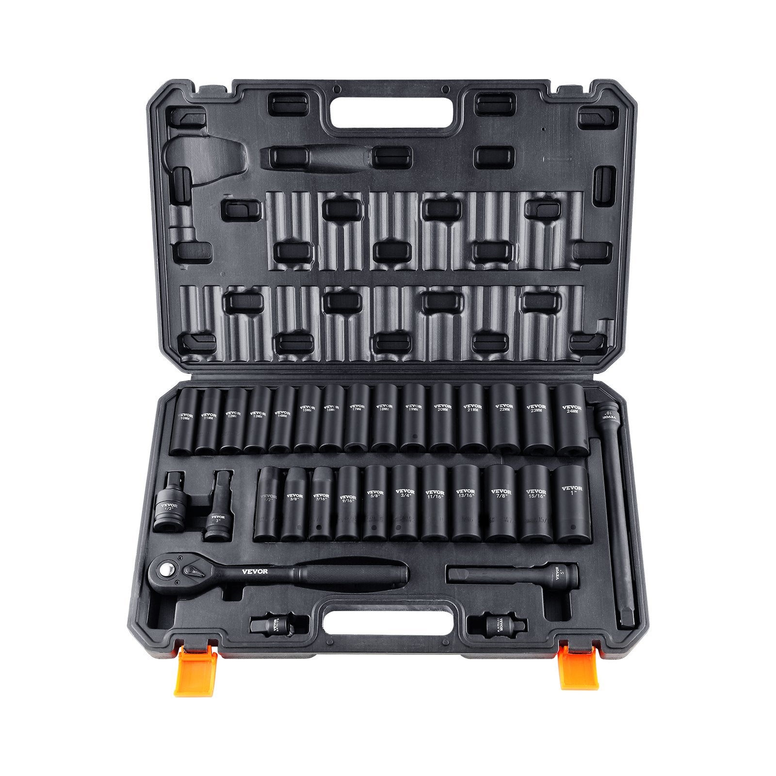VEVOR 12,7 mm Drive Impact Wrench Set, 33 pcs, SAE 9,5 mm - 25,4 mm and metric 10-24 mm, 6-point Cr-V alloy steel for auto repair, easy to read size markings, robust construction, storage box