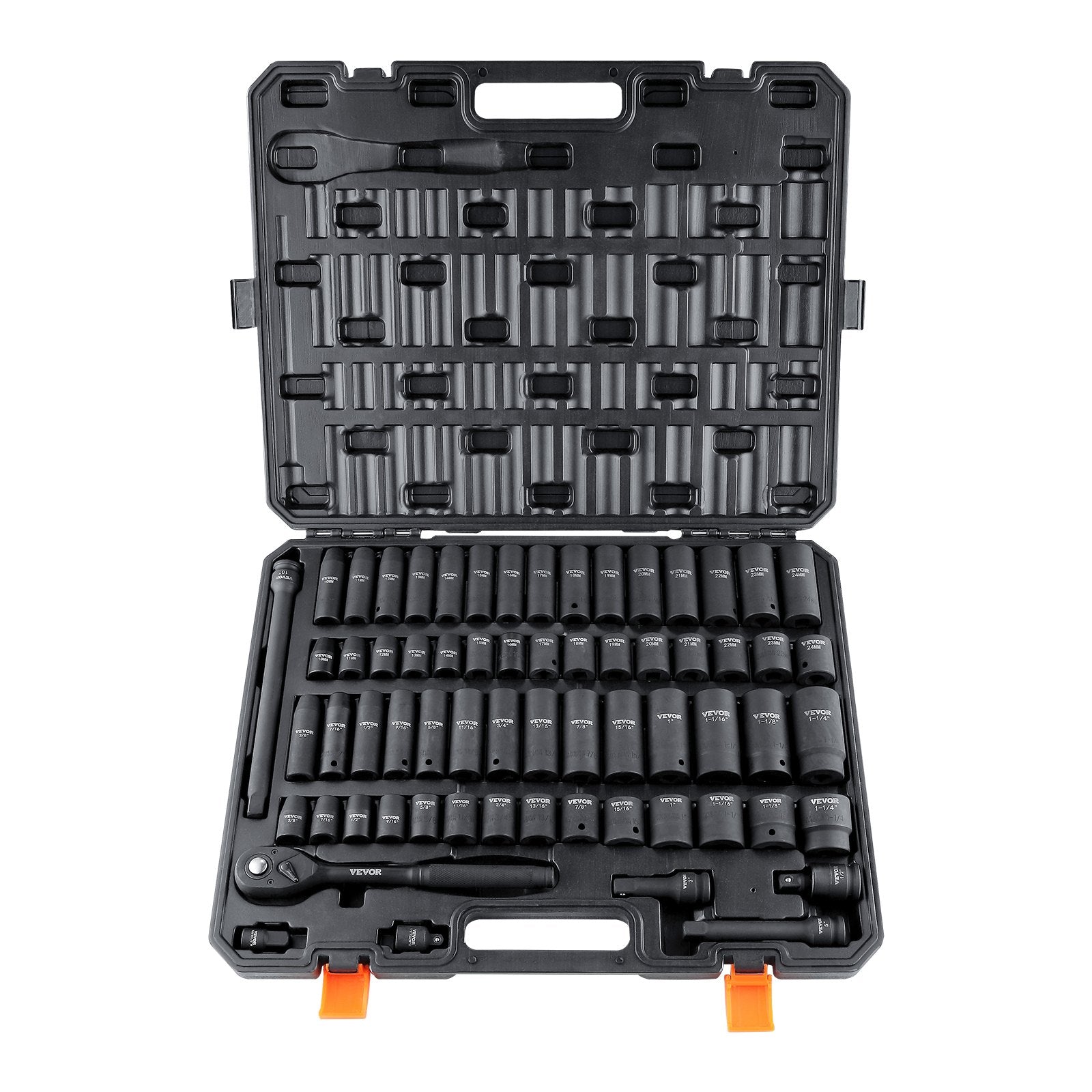 VEVOR 12,7 mm triecienuzgaļu komplekts (ES mērvienībās), 65 gabali, SAE 9,5–31,8 mm un metriskie 10–24 mm, 6-stūru Cr-V sakausējuma tērauds auto remontam, izturīga konstrukcija, viegli salasāmi marķējumi, uzglabāšanas koferis