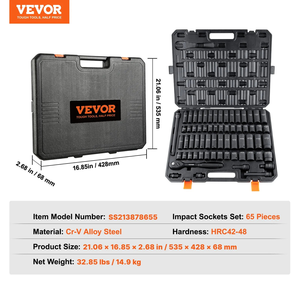 VEVOR 12,7 mm triecienuzgaļu komplekts (ES mērvienībās), 65 gabali, SAE 9,5–31,8 mm un metriskie 10–24 mm, 6-stūru Cr-V sakausējuma tērauds auto remontam, izturīga konstrukcija, viegli salasāmi marķējumi, uzglabāšanas koferis