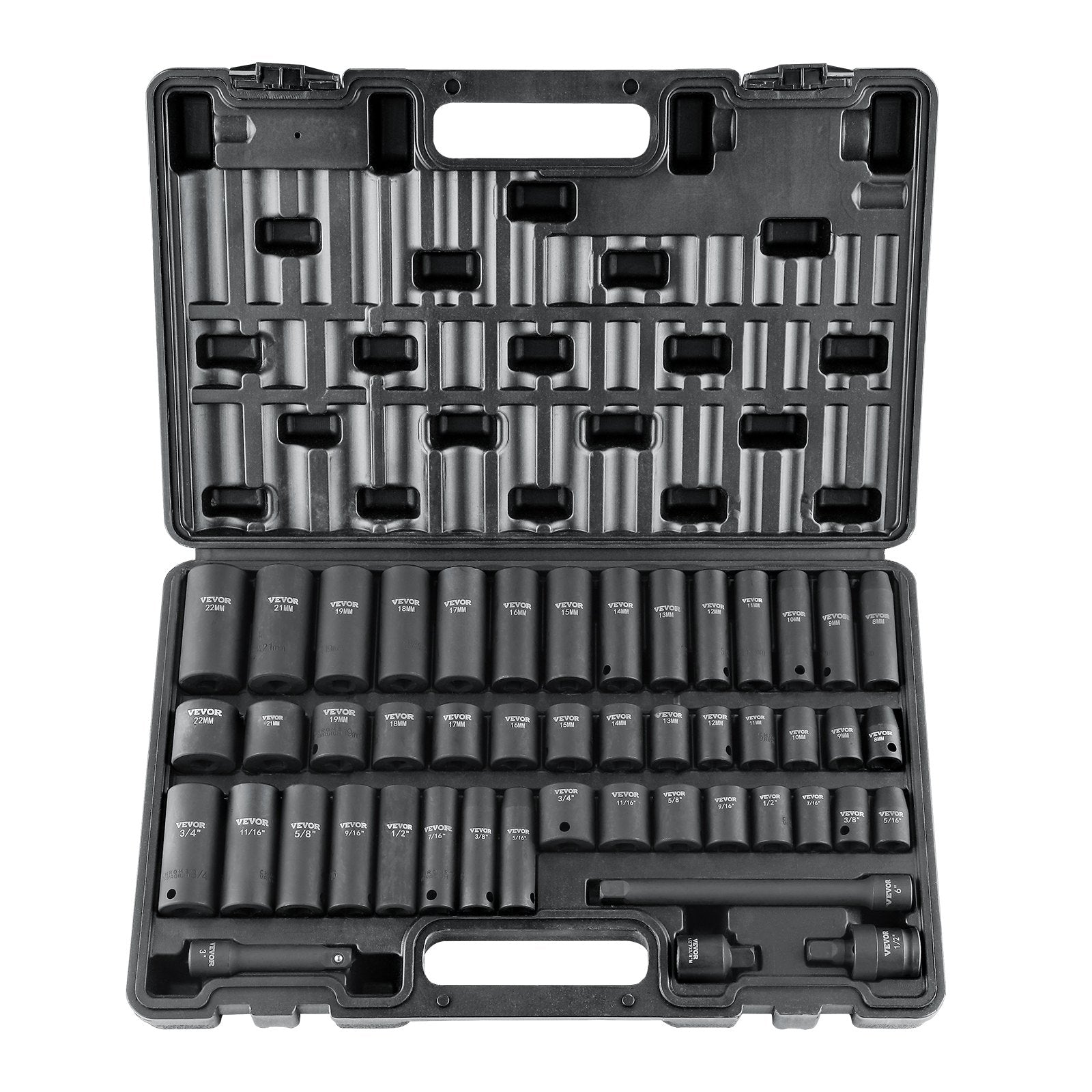 VEVOR 9,5 mm Drive Impact Socket Set 48 pcs SAE (8-22 mm), 6-point Cr-V, Drive Extension, Universal Connector, Power Tool Adapter, Storage Box